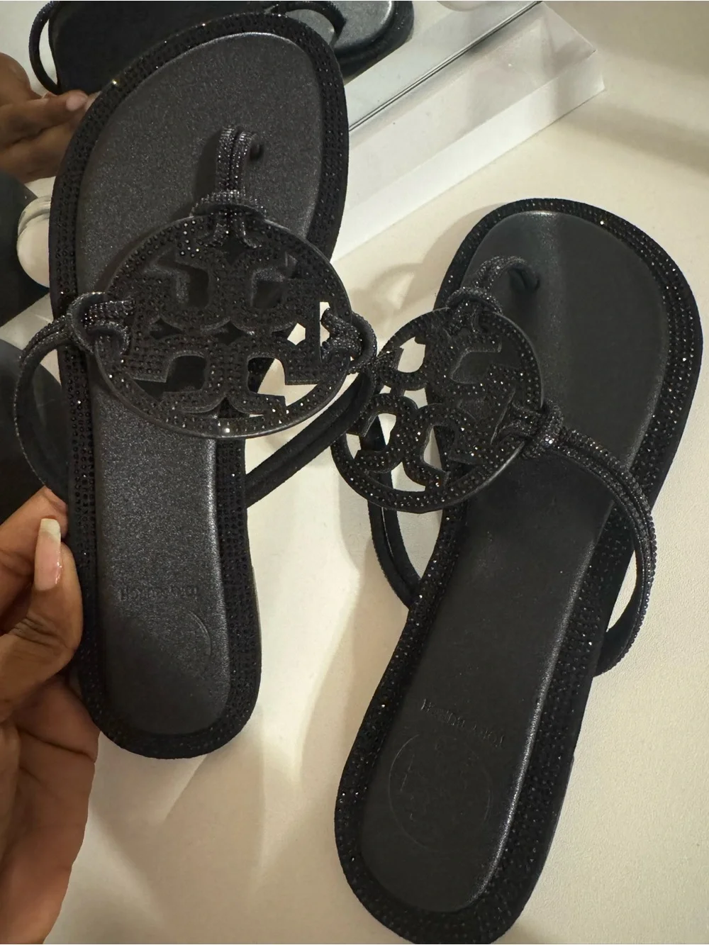 Tory Burch Black Sparkle Logo Toe-Post Sandals